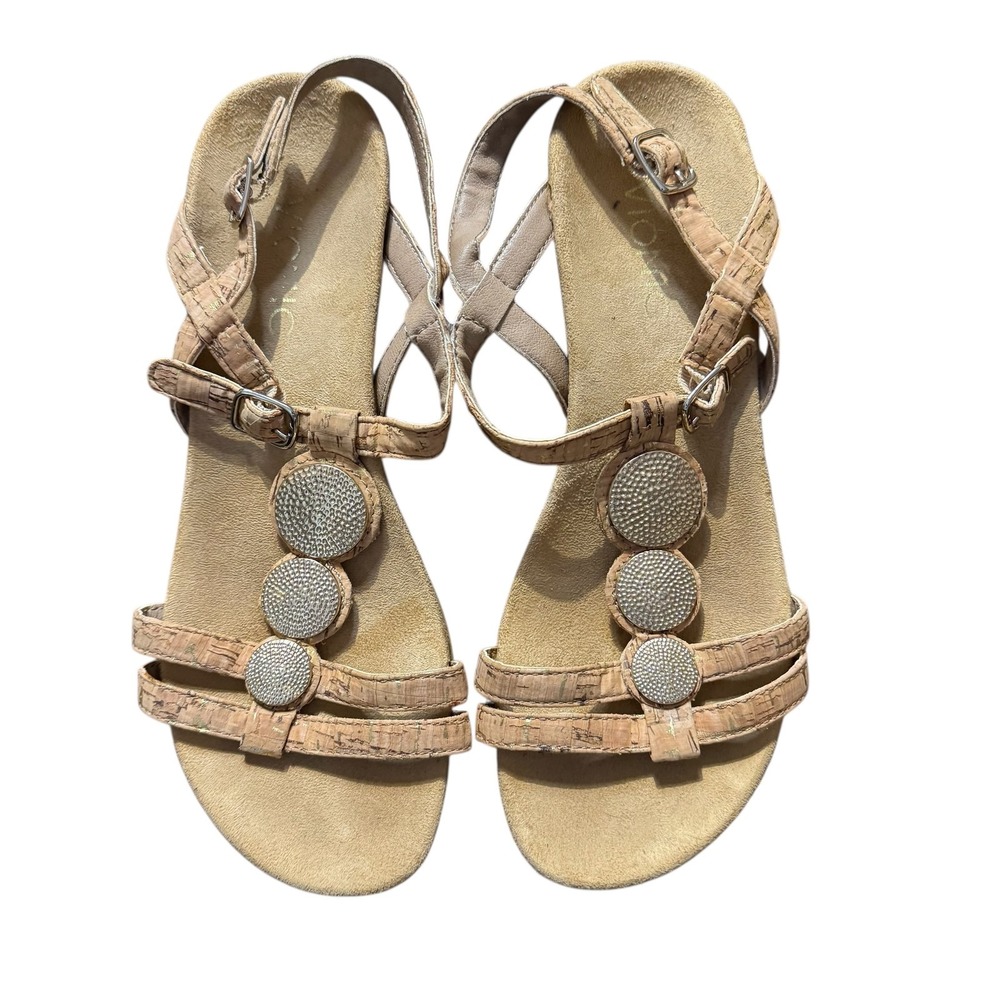 Vionic Shoes Womens Size 7 Beige Cork Wedge Sandals Strappy Rhinestone Comfort